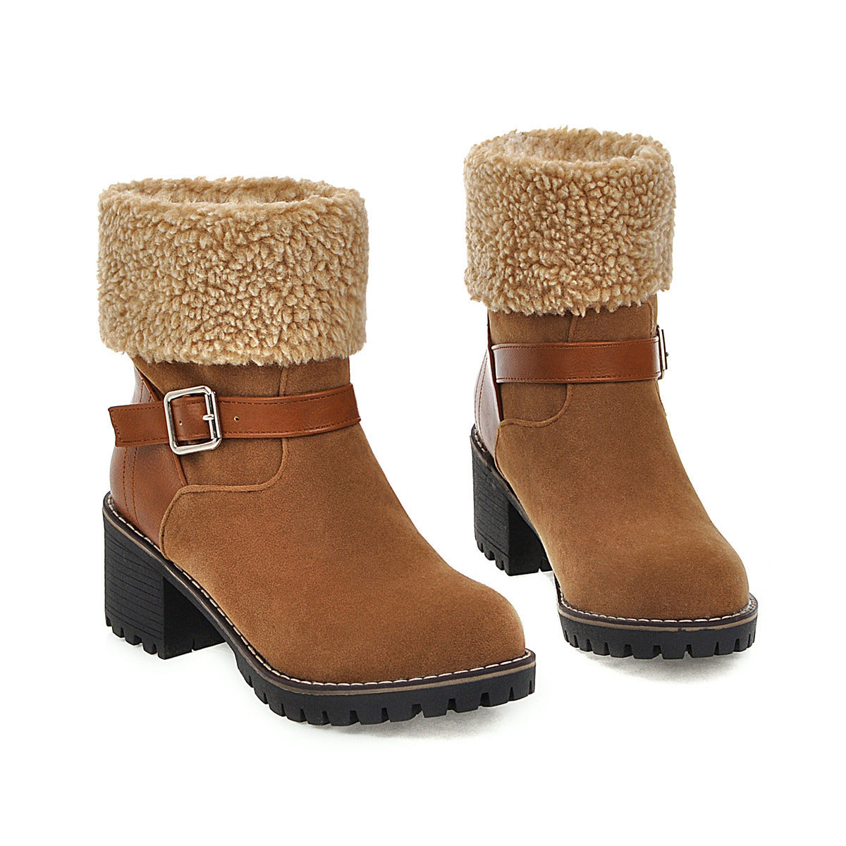 Botas Cortas para Mujer de Punta Redonda con Tacón Grueso y Hebilla