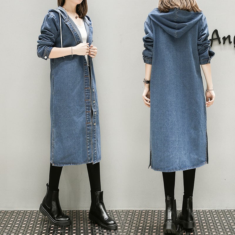 Gabardina Delgada de Mezclilla con Capucha Mujer Estilo Coreano – Tallas XL a 5XL
