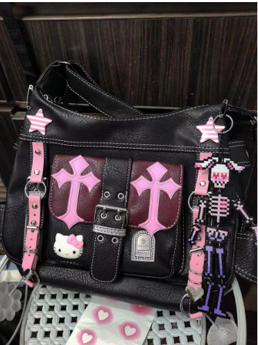 Bolso Bandolera Colorblock Negro y Rosa — Diseño Kawaii