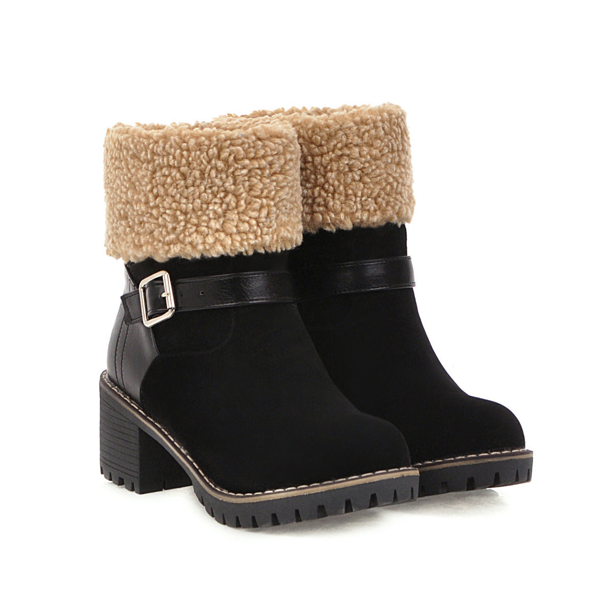 Botas Cortas para Mujer de Punta Redonda con Tacón Grueso y Hebilla