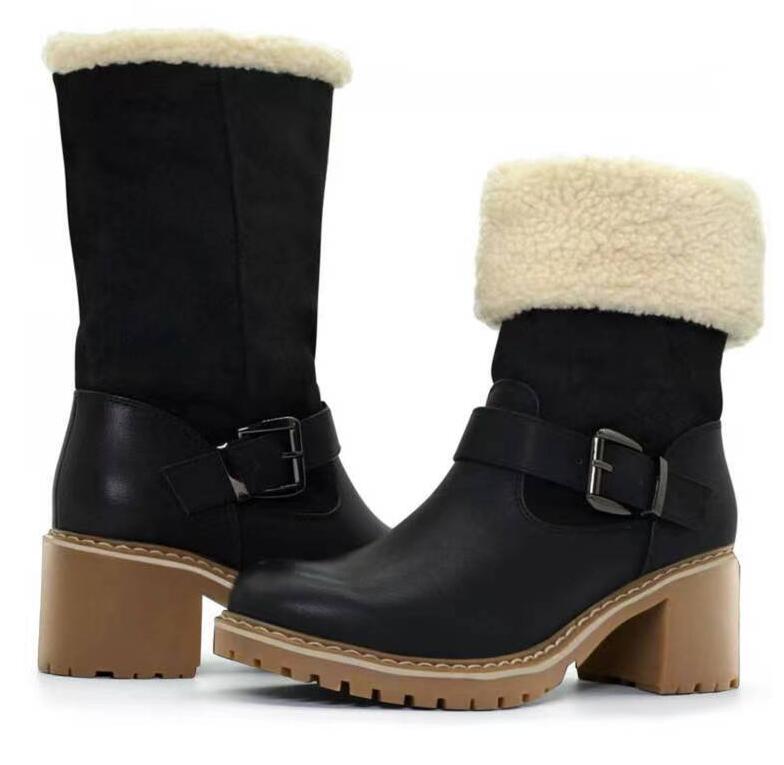 Botas Cortas Mujer Punta Redonda Tacón Grueso con Hebilla – Tallas 32 a 43