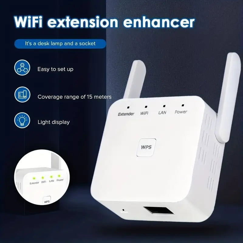 Amplificador y Repetidor de Señal WiFi Inalámbrico 300Mbps – Antenas Dobles para el Hogar
