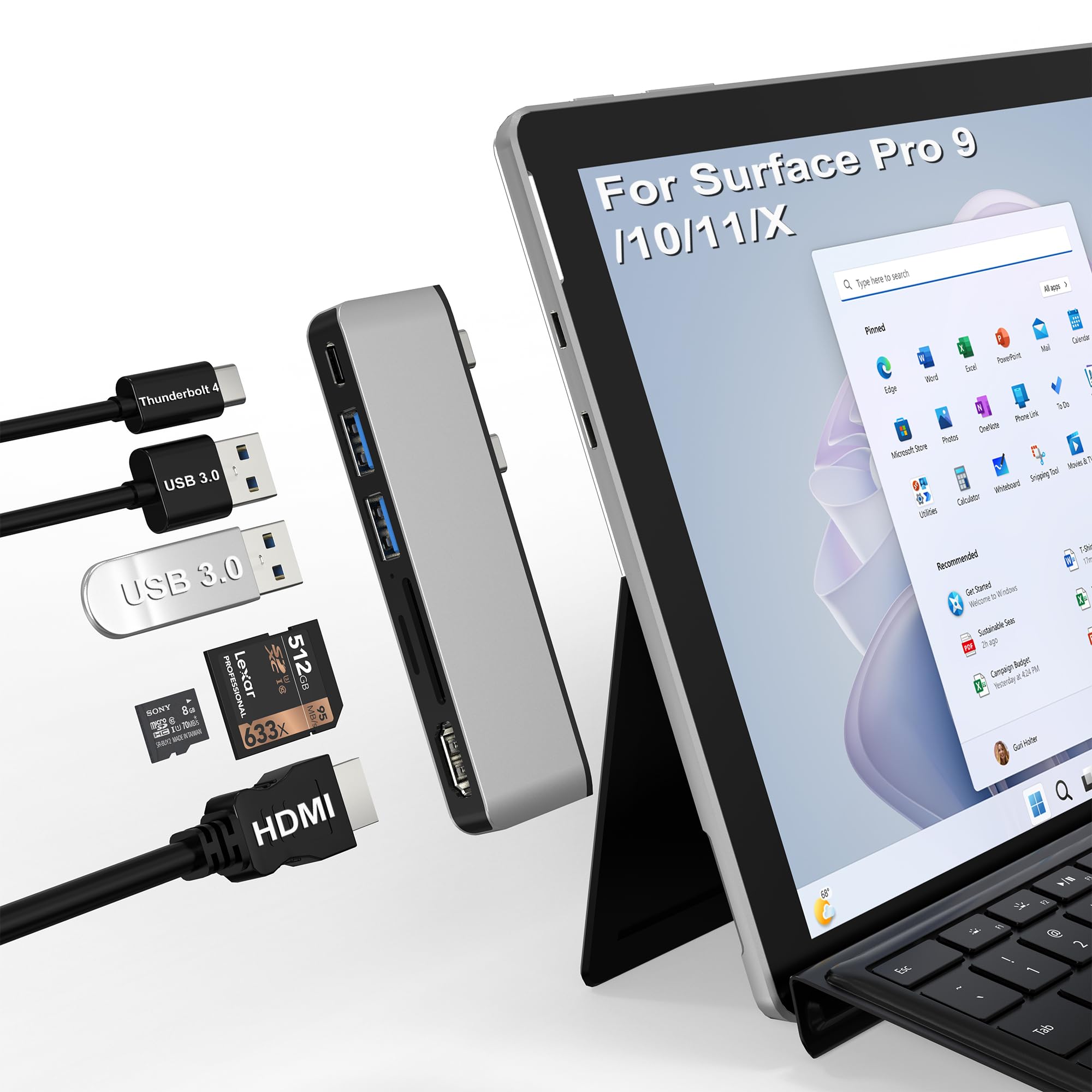 Hub USB-C para Surface Pro 11/10/9/X — 6 Puertos, Thunderbolt 4, HDMI 4K y 100W PD