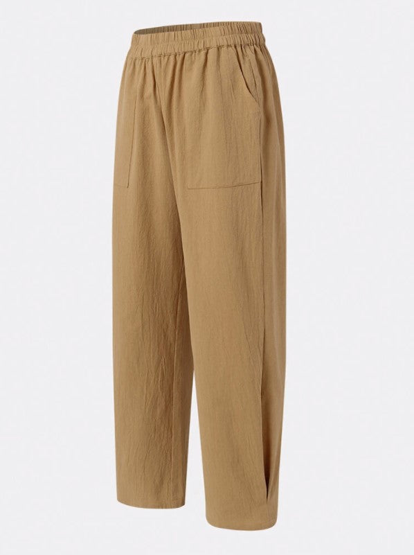 Pantalones Anchos de Lino y Algodón con Cintura Elástica y Bolsillos