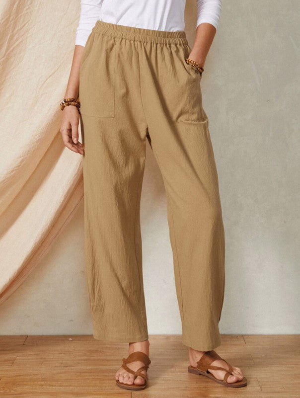 Pantalones Anchos de Lino y Algodón con Cintura Elástica y Bolsillos