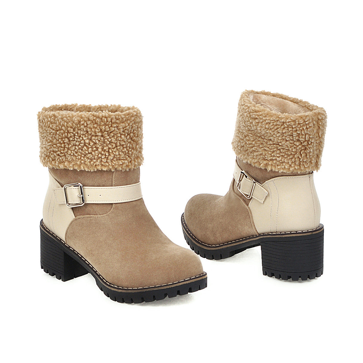 Botas Cortas para Mujer de Punta Redonda con Tacón Grueso y Hebilla